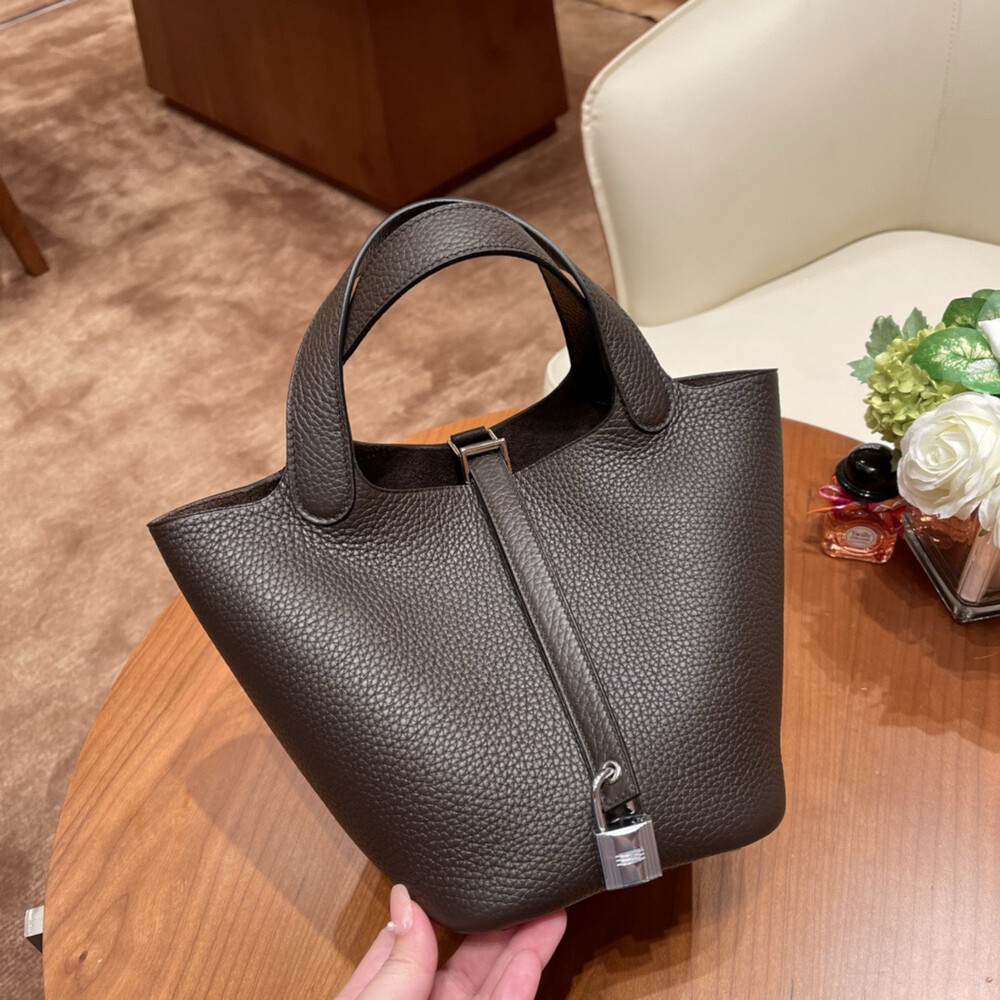 MBH Togo Full Grain Leather Ebony Silver Buckle Basket Bag Old Money Style Handbag with Lock - Image 3