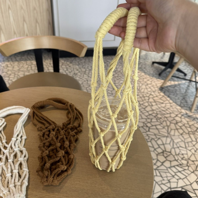Handmade Woven Cup Holder Portable Hanging Tote Bag - Image 2