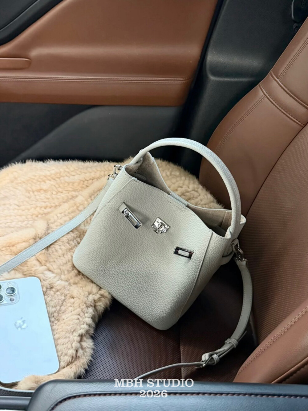 Top Grain Leather Bucket Bag with Shoulder Strap