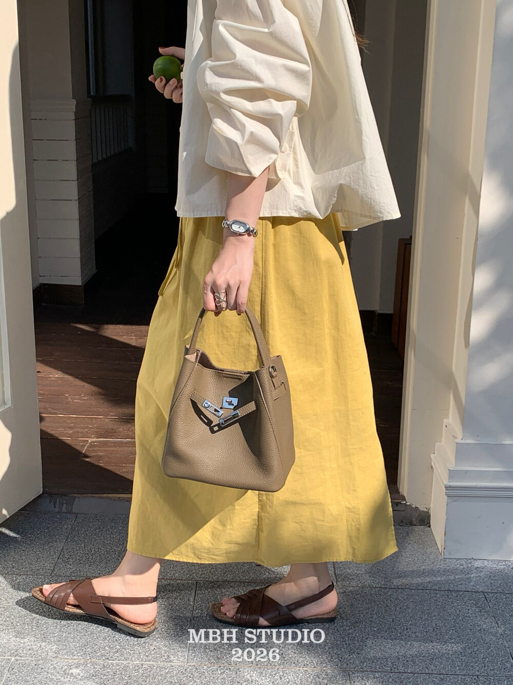 Top Grain Leather Bucket Bag with Shoulder Strap - Image 4