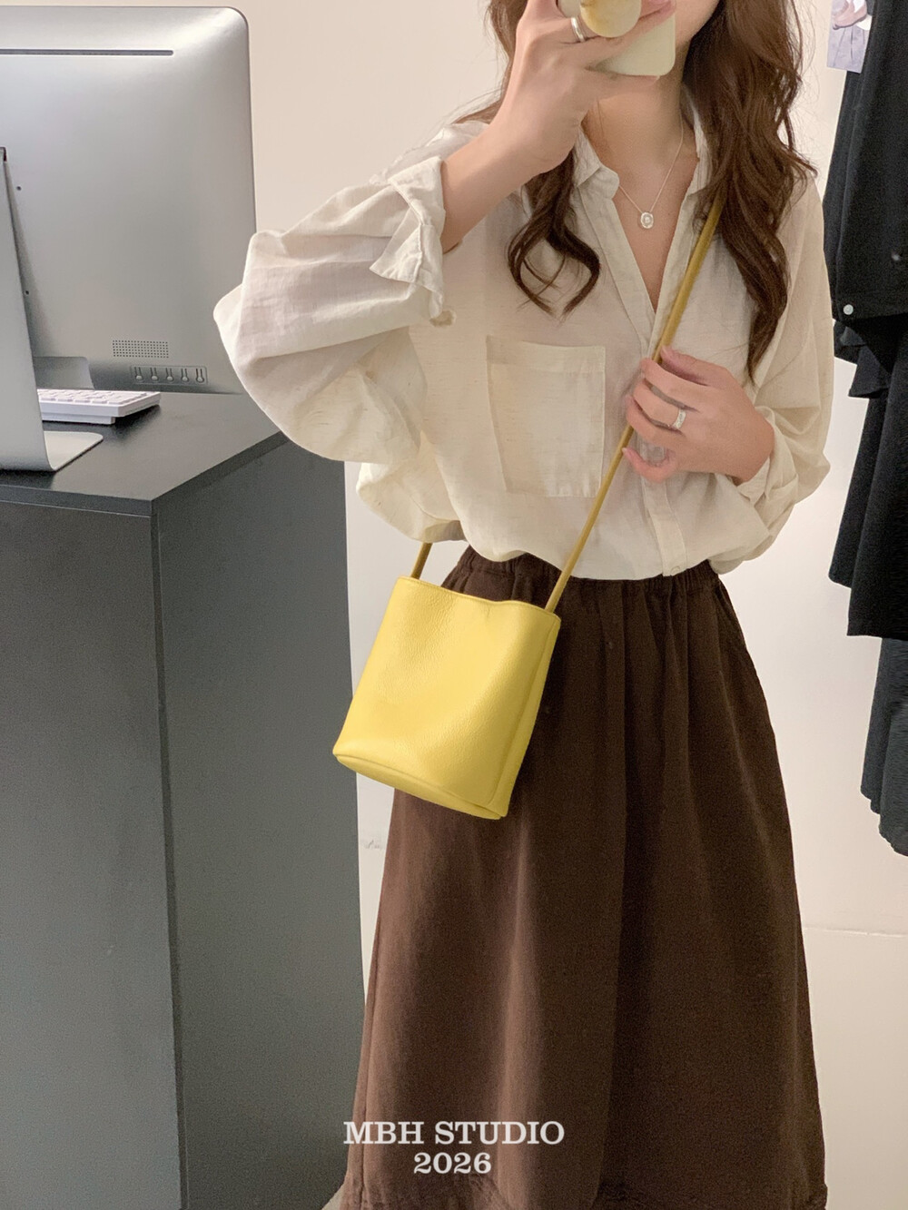 MBH Top Layer Cowhide Mini Bucket Bag Minimalist Soft Shoulder Crossbody Bag - Image 3