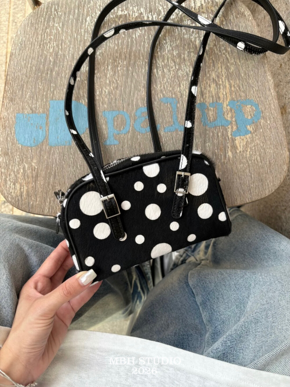 MBH 2026 New French Style Cowhide Green Polka Dot Bowling Bag with Shoulder Strap