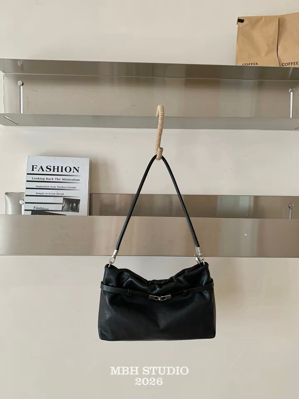 MBH Minimalist Vegetable-Tanned Lambskin Shoulder Bag with Black Silver Buckle