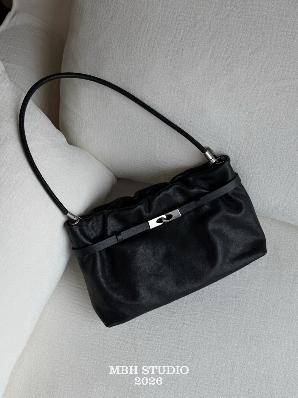 MBH Minimalist Vegetable-Tanned Lambskin Shoulder Bag with Black Silver Buckle - Image 3
