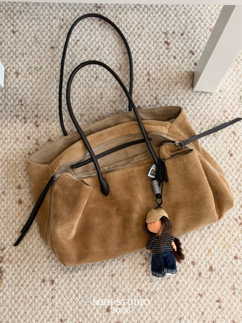 MBH Top Grain Nubuck Leather Three Compartment Tote Bag Large Capacity Vintage Commuter Shoulder Bag