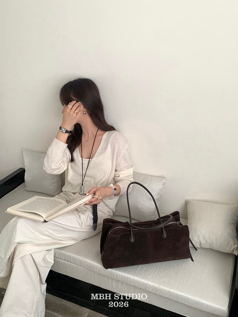 MBH Top Grain Nubuck Leather Three Compartment Tote Bag Large Capacity Vintage Commuter Shoulder Bag - Image 2